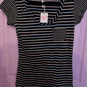 Poof! Black V-Neck Short Sleeve Tee with Pastel Stripes